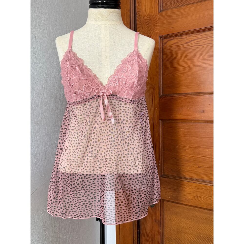Black Fuchsia Leopard Print Sheer Mesh Lace Trim Lingerie Nightie Size Medium